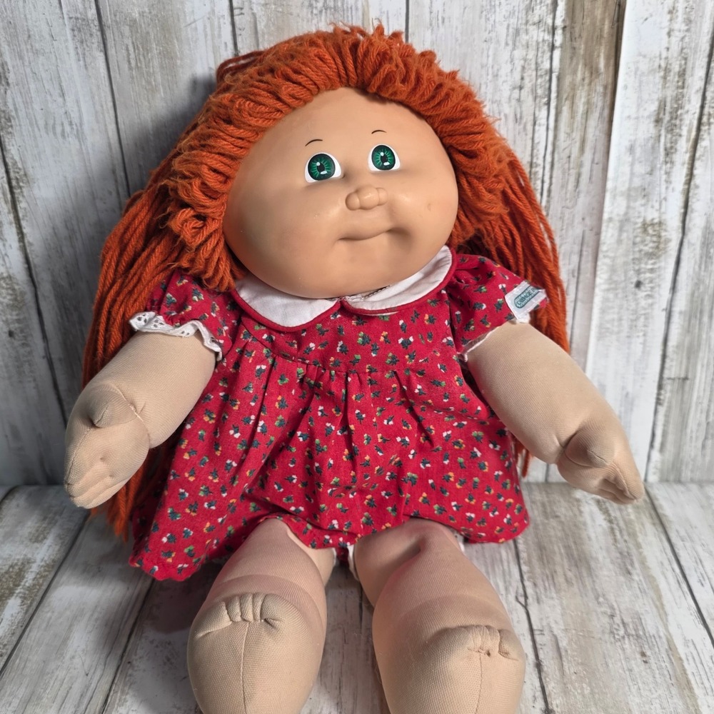 Vintage Cabbage Patch Kids Doll Coleco Red Yarn Hair Green Eyes Red Floral Dress